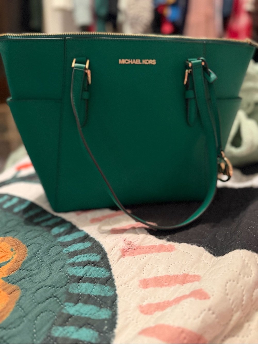 MICHAEL KORS Green Saffiano Leather Tote with Gold Hardware